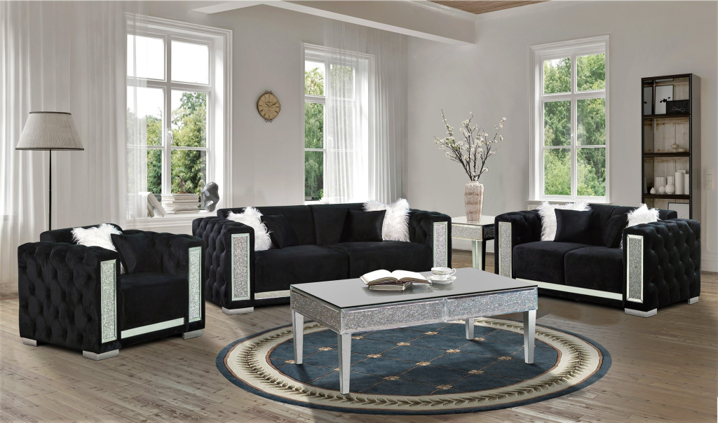 Black Velvet Sofa Set with Crushed Diamond Accents Paramountfurniture